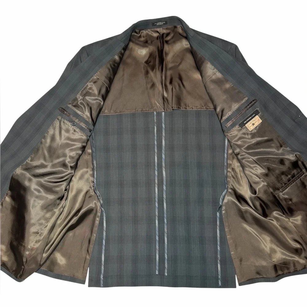 John Varvatos Window Pane Plaid Gray Wool Blend 2 Button Blazer 48‎ Long